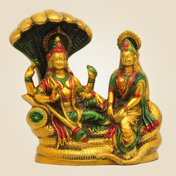 Laxmi Narayan Brass Idol 8.5"– Hand-Painted Sheshnag Murti for Mandir