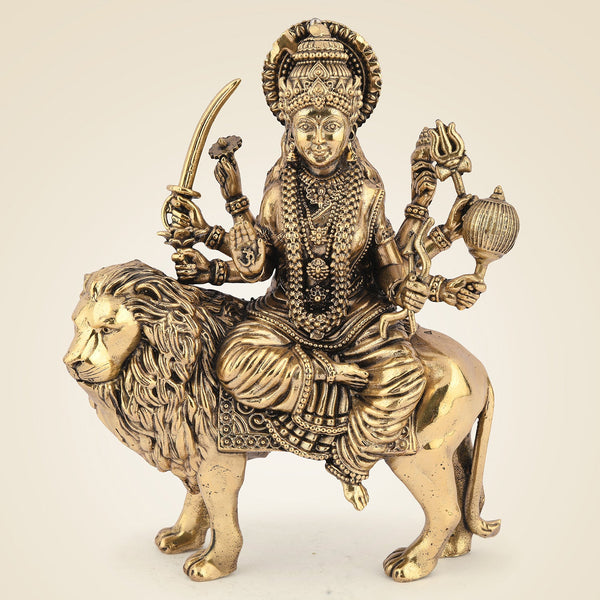 Brass Durga Idol on Lion – 6" Handcrafted Artisan for Goodness
