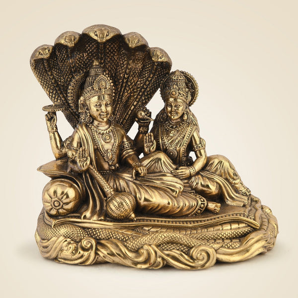 Lakshmi Narayan Brass Idol 5.75"– Lightweight Sheshnag Murti for Worship & Divine Decor