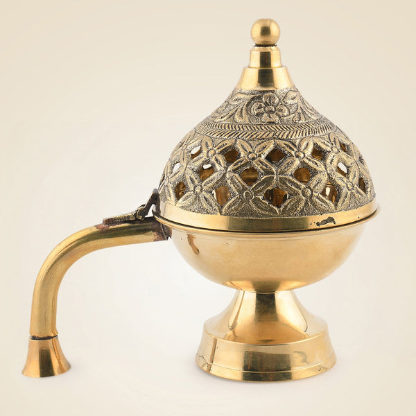 6" Brass Dhoop Dani with Handle – Floral Design Incense Burner