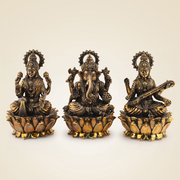 Laxmi Ganesh Saraswati Idol – 6" Handmade Brass Murti on Lotus