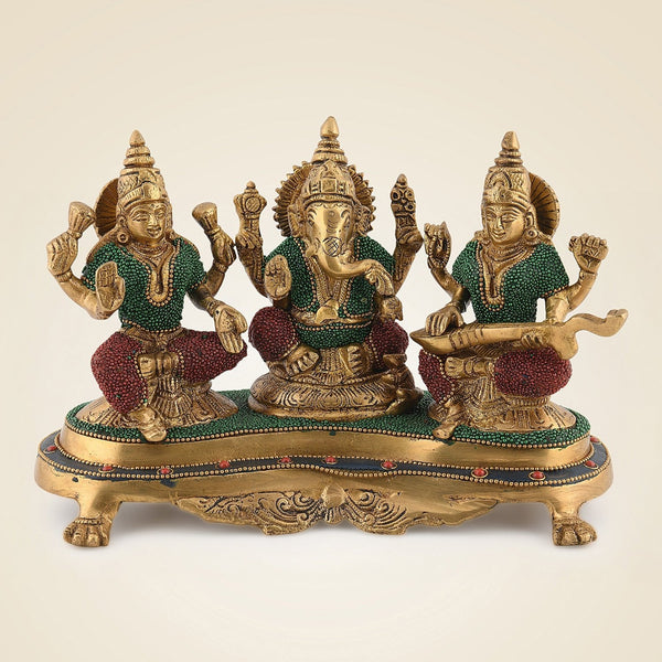 Divine Laxmi Ganesh Saraswati Idol – 6.5" Brass Murti with Stone Finish
