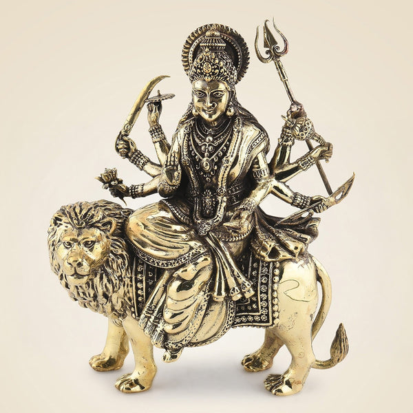 Durga Mata on Lion Brass Idol 4"– Handcrafted Statue for Wealth & Divine Blessings