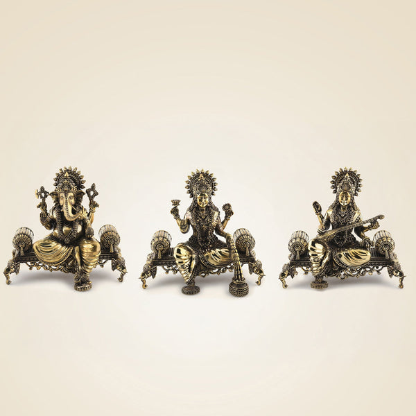 Laxmi Ganesh Saraswati Brass Idol 8" – Superfine Singhasan Statue