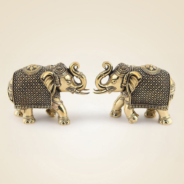 Intricately Carved Elephant Pair – 3" Lightweight Pure Brass Handicraft