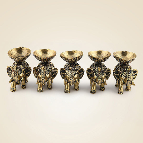 2.25" Brass Elephant Diya Set of 5 – Handcrafted Pooja Oil Lamps for Pooja & Festive Decor