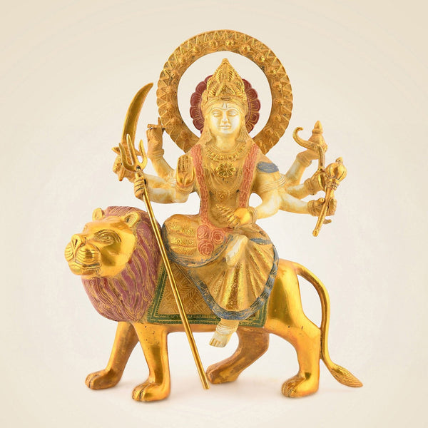 Maa Durga on Lion – 12" Brass Idol | Multicolor Mud Finish Showpiece