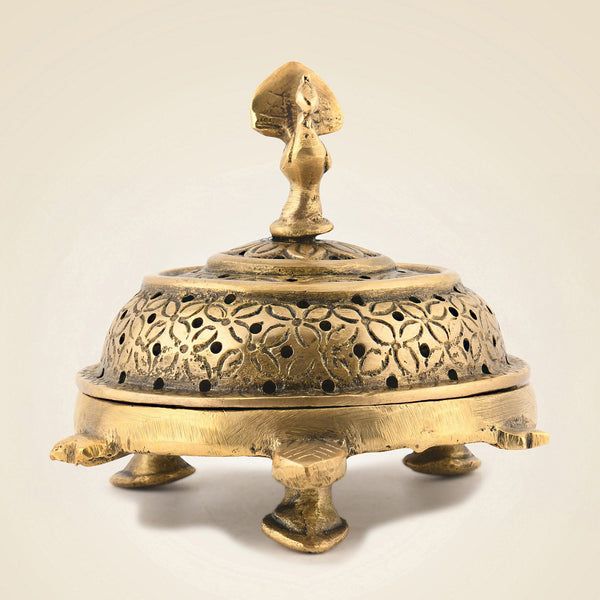 Peacock Brass Dhoop Dani with Tortoise Base | Spiritual Incense Burner Holder 4.25"