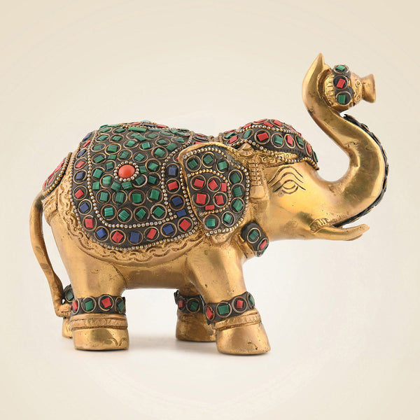 Gemstone Work Brass Elephant 5.5" – Handcrafted Ethnic Indian Decor Showpiece