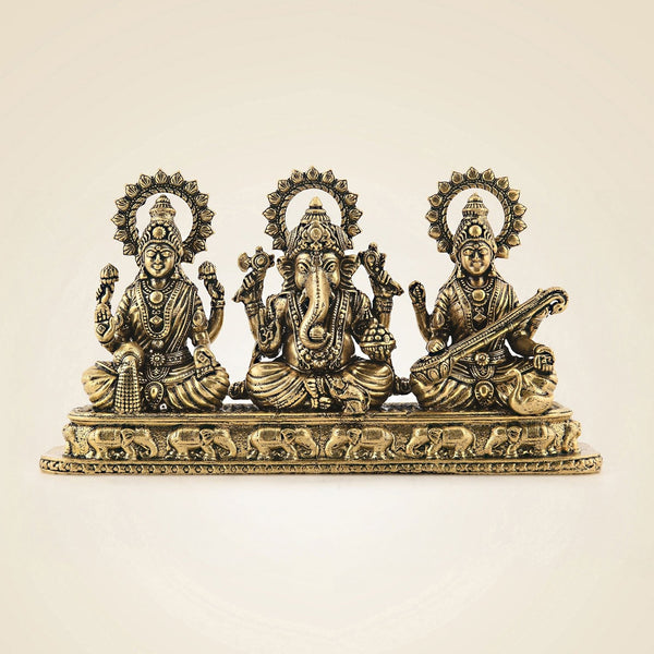 Brass Lord Ganesha, Laxmi & Saraswati Idol 3" Handcrafted Murti