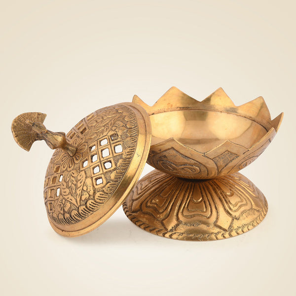 5" Brass Lotus Peacock Dhoop Dani – Handcrafted Incense Holder for Pooja